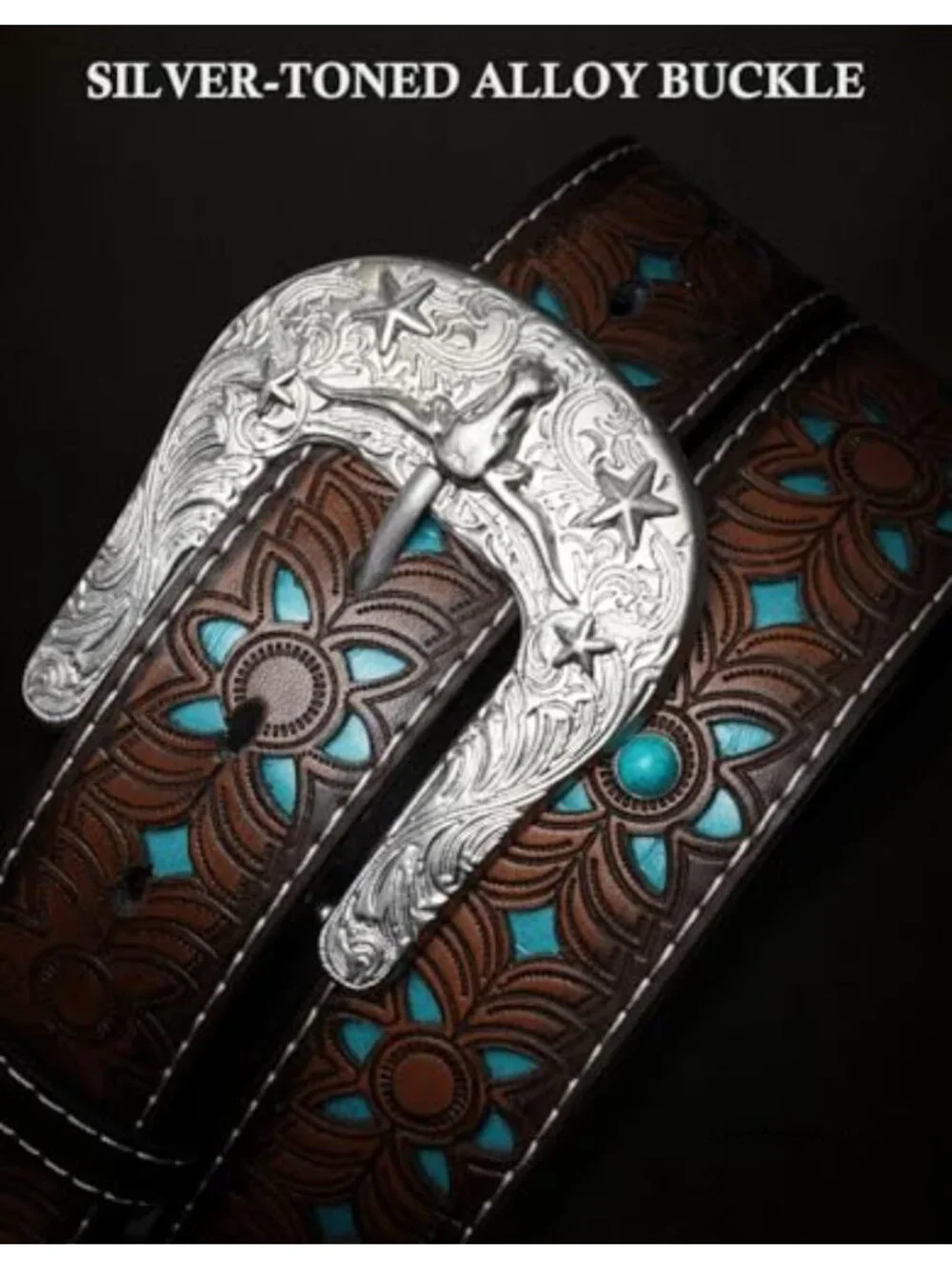 Vintage Western Belt for Women Men, PU Leather, Carved Buckle